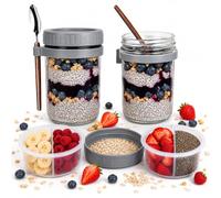 Overnight Oats Jars 450ml, Glass Jars with Lids & Spoon, Mason Jars for cereal and yogurt Container - Airtight Yoghurt Pots, Chia Pudding, Granola & Salad Breakfast Jars with Measurements, Set of 2