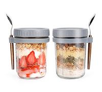 Overnight Oats Jars with Spoon and Lid 16 oz [2 Pack], Airtight Oatmeal Container with Measurement Marks, Mason Jars with Lid for Cereal On The Go Container (2pcs grey)
