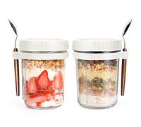 Overnight Oats Jars with Spoon and Lid 16 oz [2 Pack], Airtight Oatmeal Container with Measurement Marks, Mason Jars with Lid for Cereal On The Go Container (2pcs white)