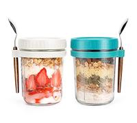 Overnight Oats Jars with Spoon and Lid 16 oz [2 Pack], Airtight Oatmeal Container with Measurement Marks, Mason Jars with Lid for Cereal On The Go Container (white and green)