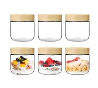 Overnight Oats jars with Wood Lids 6Pcs Glass Mason jars 300ml Wide mouth Glass Overnight Oats Containers Airtight Glasses Food Storage Containers for Salad Snacks Yogurt Spice Sugar Pickling (10 OZ)