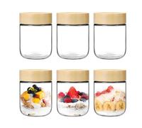 Overnight Oats jars with Wood Lids 6Pcs Glass Mason jars 500ml Wide mouth Glass Overnight Oats Containers Airtight Glasses Food Storage Containers for Salad Snacks Yogurt Spice Sugar Pickling (16 OZ)