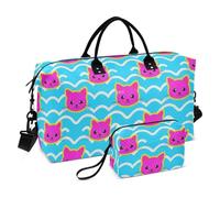 Overnight Travel Duffel Bag Wave Pattern Cartoon Cat Magenta Gym Bag with Toiletry Bag for Business Trips Multifunctional bolso para viajar