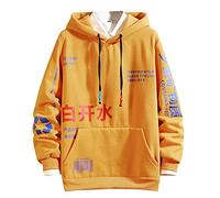 Oversize Emo Hoodie For Men, Trendy Graphic Printed Pullover Sweatshirt Long Sleeve Y2K Tops Techwear Hip Hop Hoodies With Pockets Pullover Sweater Personalised Streetwear Patchwork Top Yellow