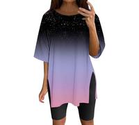 Oversize Gradient T Shirts for Women Slit Hem Crewneck Short Sleeve Loose Fit Shirt Basic Tees Trendy Elegant Summer Casual (Black, XXL) White Vest Tops for Women Halter Neck Top Running