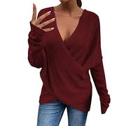 Oversize Jumper Women's Knitted Pullover Autumn Winter Knitted Jumper V Neck Cross Knitted Jumper Elegant Winter Jumper Loose Tops Plain Long Sleeve Shirt Comfortable Women's Jumper, Wine Red, XXL