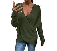 Oversize Jumper Women's Knitted Pullover Autumn Winter Knitted Jumper V Neck Cross Knitted Jumper Elegant Winter Jumper Loose Tops Plain Long Sleeve Shirt Comfortable Women's Jumper, Army Green, XXL