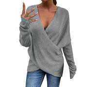 Oversize Jumper Women's Knitted Pullover Autumn Winter Knitted Jumper V Neck Cross Knitted Jumper Elegant Winter Jumper Loose Tops Plain Long Sleeve Shirt Comfortable Women's Jumper, gray, XXL