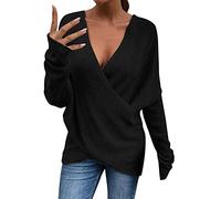 Oversize Jumper Women's Knitted Pullover Autumn Winter Knitted Jumper V Neck Cross Knitted Jumper Elegant Winter Jumper Loose Tops Plain Long Sleeve Shirt Comfortable Women's Jumper, black, S