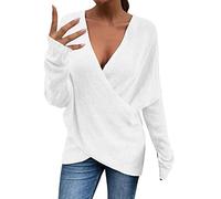 Oversize Jumper Women's Knitted Pullover Autumn Winter Knitted Jumper V Neck Cross Knitted Jumper Elegant Winter Jumper Loose Tops Plain Long Sleeve Shirt Comfortable Women's Jumper, White, XXL