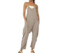 Oversize Jumpsuit Women's Summer Long Dungarees Plain Casual Trousers Baggy Trousers Elegant Work Trousers Sexy V-Neck Playsuit with Large Pockets Bib Trousers Sleeveless Lightweight Romper, beige, XS