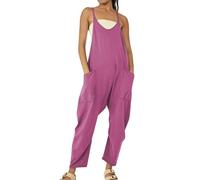 Oversize Jumpsuit Women's Summer Long Dungarees Plain Casual Trousers Baggy Trousers Elegant Work Trousers Sexy V-Neck Playsuit with Large Pockets Bib Trousers Sleeveless Lightweight Romper, Hot Pink