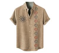 Oversize Shirts Men's Aztec Print Shirt Vintage Short Sleeve Shirt Button Down Casual Shirt Natural Cotton Shirt Beige Button Closure Tops Fashion Traditional Pattern Printed Shirt, khaki, 3XL