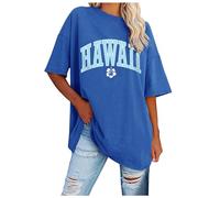 Oversize T Shirt for Women Hawaii Brief Druck Sommer Urlaub T-Shirt Kurzarm Rundhals Oversized Tshirts Lose Tops Tops for Women UK Blue