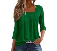 Oversize Tops Women UK A Solid Color T Shirt with A Square Neck for Ladies A Casual Pleated Loose and Flowing Three Quarter Sleeve Top Short Womens Casual top Black Long Sleeve mesh