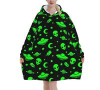 Oversized Adult Long Sleeve Flannel Hoodie Blanket Alien Spaceships Planet Green Soft Fuzzy Hooded Sweatshirt Lounging Pullover