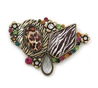 Oversized Animal Print, Multicolured Austrian Crystal Geometric Brooch/Pendant In Antique Gold Tone - 90mm Across