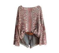 Oversized Baggy Jumpers Ladies Vintage Boho Floral Crochet Sweater Oversized Boat Neck Long Sleeve Pullover Tops Lightweight Ribbed Knit Bohemia Blouse Pink Style#5 Knitted Sweater Women XL