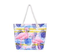 Oversized Beach Bag for Women, Canvas Large Beach Tote Bag with Zipper Closure, Waterproof Foldable Travel Tote, Lightweight Summer Holiday Pool Shopping Bag, Blue Flamingo