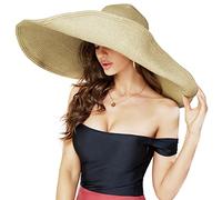 DECHISY Oversized Beach Straw Hat for Women, Fashion Large Wide Brim Visor Hats Handmade Roll Up Floppy Sun Hat for Summer Beach Cap, Beige, 5-7 1/4