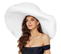 Oversized Beach Straw Hat for Women, Fashion Large Wide Brim Visor Hats Handmade Roll Up Floppy Sun Hat for Summer Beach Cap, White, 5-7 1/4