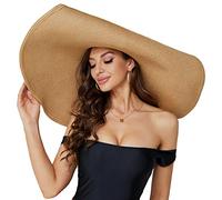 Oversized Beach Straw Hat for Women, Fashion Large Wide Brim Visor Hats Handmade Roll Up Floppy Sun Hat for Summer Beach Cap, Khaki, 5-7 1/4