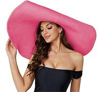 Oversized Beach Straw Hat for Women, Wide Brimmed Visor Women's Summer Oversized 70cm Diameter Straw Hat Breathable Windproof Hat Dome Foldable Sun Hat 1_Hot Pink One Size