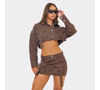 Oversized Belt Detail Cargo Style Cropped Jacket In Brown, Women's Size UK 8
