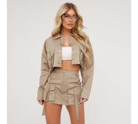 Oversized Belt Detail Cropped Cargo Jacket In Beige, Women's Size UK 14