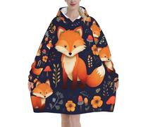 Oversized Blanket Hoodie, Cute Animal Fox Flower Print Comfortable Flannel Super Soft Warm Blankets Hooded Sweatshirt For Unisex Adult Women Men, With Pocket Loose