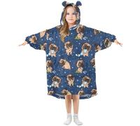 Oversized Blanket Hoodie for Kids Adult Girls Boys, Fleece Hoodie Blanket Pug Puppy Dark Blue Super Warm Plush Wearable Blanket Hoodie Sweatshirt with Roomy Pocket, Medium