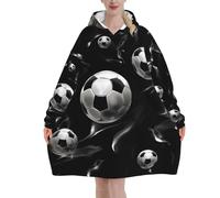 Oversized Blanket Hoodie, Soccer Black Print Comfortable Flannel Super Soft Warm Blankets Hooded Sweatshirt For Unisex Adult Women Men, With Pocket Loose