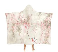 Oversized Blanket Hoodie - Watercolor Fleece Wearable Blanket for Unisex Adult Women Men, Fluffy Giant Comfortable Pink Peach Blossom Branch Bird Hooded Sweatshirt Loungewear 40"×50"