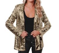 Oversized Blazer Women's 80s - Long Blazer Women's Elegant Silver Party Sequins Jacket Shoulder Pads Festive Long Jacket Modern Glitter Bolero Festive Shiny Long Blazer for Evening Dress, gold, 22