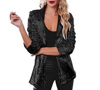 Oversized Blazer Women's 80s - Long Blazer Women's Elegant Silver Party Sequins Jacket Shoulder Pads Festive Long Jacket Modern Glitter Bolero Festive Shiny Long Blazer for Evening Dress, black, 22