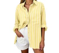 Oversized Button Down Shirts for Women Linen Shirt Long Sleeve Collared Blouses with Pocket Beach Vacation Outfit 2026, Lemon Yellow Striped, M