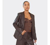 Oversized Button Front Blazer In Chocolate Brown Faux Leather, Women's Size UK 6