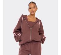 Oversized Contrast Stripe Detail Essential Graphic Zip Up Hoodie In Chocolate Brown, Women's Size UK 16