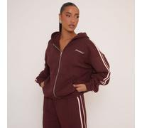 Oversized Contrast Stripe Side Essential Graphic Zip Up Hoodie In Brown, Women's Size UK 16