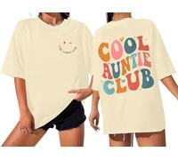 Oversized Cool Auntie Club Shirts Women Cute Auntie Tshirts Funny Letter Print Aunts Life Casual Tee Tops, Khaki1, M