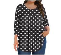 Oversized Cotton Tshirts for Women Plus Size 3/4 Sleeve Pleated Dressy Casual Summer Tops Baggy Loose Printed Crew Neck Solid Color Blouse D-Black