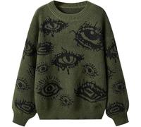 Oversized Crewneck Long Sleeve Sweaters Fashion Goth Grunge Punk Halloween Pattern 2025 Winter Sweater Pullover Tops, Army-Green, XL