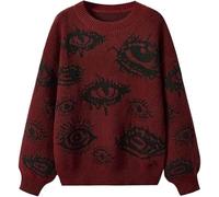 Oversized Crewneck Long Sleeve Sweaters Fashion Goth Grunge Punk Halloween Pattern 2025 Winter Sweater Pullover Tops, Red, Small