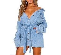 Oversized Denim Jacket for Women Long Sleeve Classic Loose Jean Trucker Jacket - Blue - x-Large