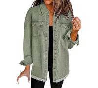 Oversized Denim Jackets For Women Uk, Frayed Hem Shacket Long Sleeve Boyfriend Jean Jackets With Pockets Button Down Denim Jean Jacket Washed Shirt Womens Front Shirts 2025 Y4K Trendy