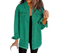 Oversized Denim Jackets For Women Uk, Frayed Hem Shacket Long Sleeve Boyfriend Jean Jackets With Pockets Button Down Denim Jean Jacket Washed Shirt Womens Front Shirts 2025 Y23K Trendy