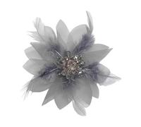 Oversized Floral Fabric Brooch, 12cm Crystal & Feather Lapel Pin - Elegant Organza Flower Corsage for Wedding Guest, Banquet & Special Occasion Accessory (Grey)