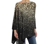 Oversized Glitter Print Tunic Tops for Women - Round Neck Pullover Loose Shirts with Asymmetric Hem - Sparkle Shirts for Party Wear