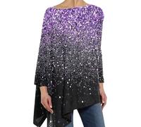 Oversized Glitter Print Tunic Tops for Women - Round Neck Pullover Loose Shirts with Asymmetric Hem - Sparkle Shirts for Party Wear