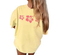 Oversized Graphic Shirt for Teens Girl Y2K Ocean Floral Short Sleeve Baggy Tee Shirts Vintage Aesthetic Coastal Tops (Lemon Yellow, L)